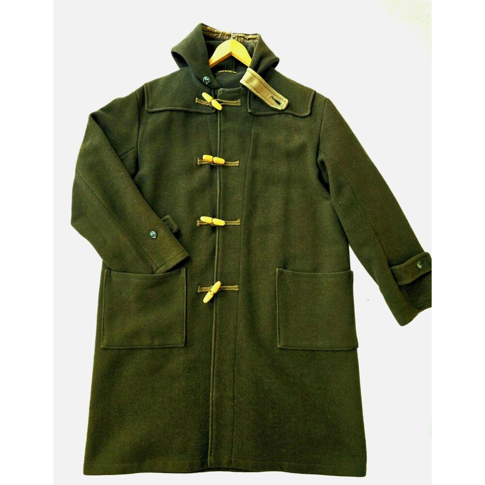 1940s Vintage Convoy Coat: XL Green Wool Duffle, Wooden Toggles, Made in England